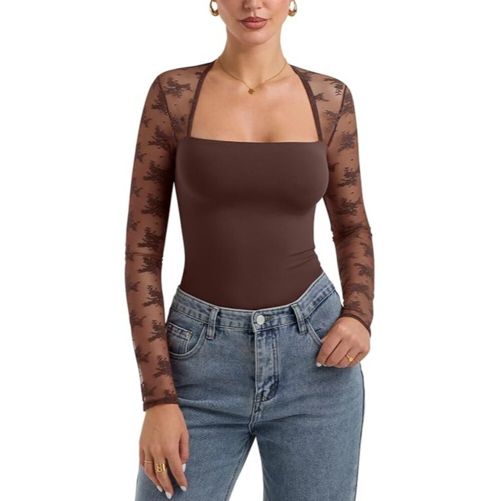 PINKMSTYLE Sexy Square Neck Lace Long Sleeve Top Trendy Dark Brown XL NEW WITH T